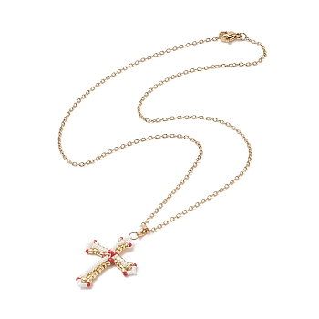 Japanese Seed Beaded Cross Pendant Necklace, Golden 304 Stainless Steel Jewelry for Women, Red, 17.60 inch(44.7cm)