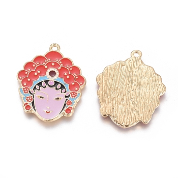 Chinese Style Alloy Enamel Pendants, Opera Role, Red, Golden, 25.5x21x1.5mm, Hole: 1.5mm