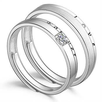 SHEGRACE 925 Sterling Silver Adjustable Couple Rings, Promise Ring, with Grade AAA Cubic Zirconia, with Word, Platinum, Size 10, 20mm, Size 7, 17.4mm, 2pcs/set