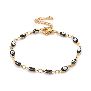 Enamel Horse Eye Link Chains Bracelet, Vacuum Plating 304 Stainless Steel Jewelry for Women, Golden, Black, 6-3/4 inch(17.1cm)