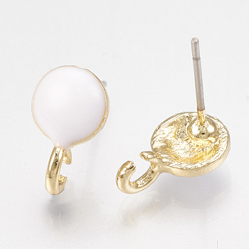 Alloy Stud Earring Findings, with Loop, Raw(Unplated) Pins and Enamel, Half Round, Light Gold, White, 14x9mm, Hole: 2mm, Pin: 0.7mm