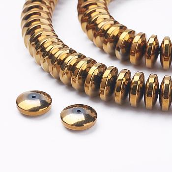 Electroplate Non-Magnetic Synthetic Hematite Beads Strands, Heishi Beads, Flat Round/Disc, Golden Plated, 11x4mm, Hole: 1mm, about 93pcs/strand, 15.6 inch(39.7cm)