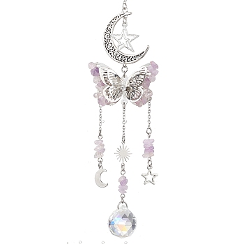 Alloy Hollow Moon Butterfly Hanging Ornaments, Natural Amethyst Chip & Glass Round Tassel Suncatchers for Home Garden Decorations, 270mm