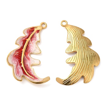 304 Stainless Steel Enamel Pendants, Real 18K Gold Plated, Feather Charm, Crimson, 38x27x3mm, Hole: 2mm