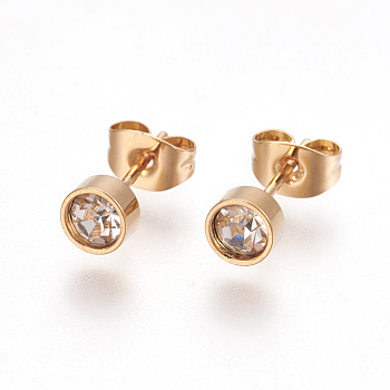 304 Stainless Steel Ear Studs, with Rhinestone, Flat Round, Crystal, Golden, 13.5~14mm, Pin: 0.7mm