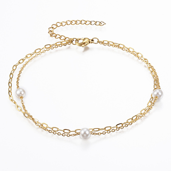 304 Stainless Steel Multi-Strand Anklets, with Lobster Clasps, Acrylic Pearl Beads and Extender Chains, Round, Golden, 7-7/8 inch(20cm)