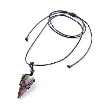 Natural Bloodstone Pendants Necklaces, with Waxed Cord and Nylon Cord, Cone, 31.18 inch~33 inch(79.2~84cm), 1.5~2mm
