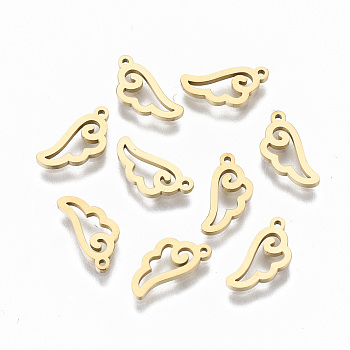 304 Stainless Steel Charms, Laser Cut, Wing, Real 14K Gold Plated, 10.5x5x1mm, Hole: 0.7mm