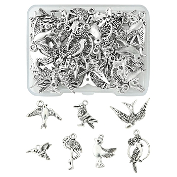 42Pcs 7 Style Alloy Pendants, Mixed Bird, Antique Silver, 12~28x13~22.5x2~5.5mm, Hole: 1.5~2mm, 6pcs/style