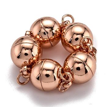 Rack Plating Brass Magnetic Clasps with Loops, N45 Grade Strong Magnet, with Soldered Jump Rings, Long-Lasting Plated, Round, Real Rose Gold Plated, 11.5x6mm, Hole: 1.6mm, Ring: 4x0.5mm