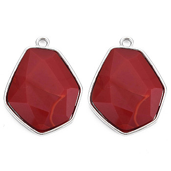 Faceted Glass Pendants, with Alloy Settings, Cadmium Free & Lead Free, Hexagon, Platinum Plated, Dark Red, 38x29x6.5mm, Hole: 3mm