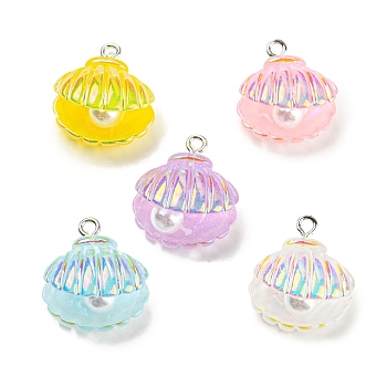 Iridescent Color Resin Pendants, AB Color Shell Shaped Charms with Plastic Imitation Pearl Bead and Platinum Tone Iron Loops, Mixed Color, 21.5x18x12mm, Hole: 2mm