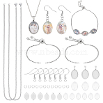 DIY Oval Blank Dome Jewelry Set Making Kit, Including Glass Cabochons, 304 Stainless Steel Pendant Cabochons Settings & Earring Hooks & Slider Bracelet Making & Chain Necklace, Stainless Steel Color, 70pcs/box(DIY-UN0050-26)
