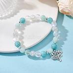 304 Stainless Steel Charm Bracelets, Natural & Synthetic Mixed Gemstone & Glass Round Beads Stretch Bracelets for Women, Tree of Life, Turquoise, Inner Diameter: 2 inch(5cm)(BJEW-JB12878)