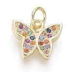 Brass Micro Pave Cubic Zirconia Charms, with Jump Rings, Cadmium Free & Lead Free, Butterfly, Colorful, Golden, 9.5x11x2mm, Hole: 3mm(ZIRC-I032-59G)