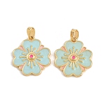 Brass with Enamel Pendants, Flower Charms, Cadmium Free & Lead Free, Long-Lasting Plated, Rack Plating, Real 18K Gold Plated, Pale Turquoise, 19.5x18x3mm, Hole: 5x3mm(KK-CBA415D-04G)