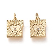 Brass Micro Pave Clear Cubic Zirconia Charms, with Jump Rings, Long-Lasting Plated, Rectangle with Heart, Real 20K Gold Plated, 15.3x11.4x2.7mm, Jump Ring: 5x1mm, 3mm Inner Diameter(X-ZIRC-L098-017G)