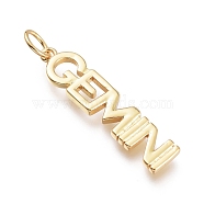 Brass Pendants, with Jump Rings, Long-Lasting Plated, Constellation/Zodiac Sign, Word, Gemini, 30x7x2mm, Hole: 4.5mm(ZIRC-I048-15G-12)