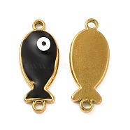 201 Stainless Steel Enamel Connector Charms, Real 24K Gold Plated, Fish Links, Black, 23.5x9.5x2.5mm, Hole: 1.6mm(STAS-P320-13G)