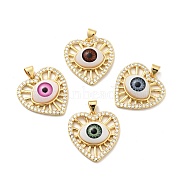 Heart with Eye Brass Micro Pave Clear Cubic Zirconia Pendants, with Resin Eyeball, Cadmium Free & Nickel Free & Lead Free, Real 18K Gold Plated, Mixed Color, 23.5x23x6.5mm, Hole: 3.5x4.7mm(KK-G419-07G)