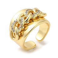 Rack Plating Real 18K Gold Plated Brass Curb Chains Shape Open Cuff Rings, with Cubic Zirconia, Long-Lasting Plated, Lead Free & Cadmium Free, Clear, US Size 7 1/4(17.5mm)(RJEW-B048-11G)