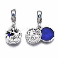 Alloy European Dangle Charms, with Rhinestone and Enamel, Large Hole Pendants, Flat Round, Blue, Antique Silver, 25.5mm, Hole: 4.5mm(MPDL-S066-097)