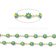 Handmade Eanmel Daisy Flower Link Chains, with Real 18K Gold Plated Brass Findings, Soldered, with Spool, Turquoise, Link: 7.5x13x2mm(CHC-F015-05G-03)