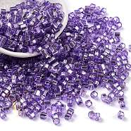 Glass Seed Beads, Silver Lined, Square, Medium Purple, 3~4x3x3mm, Hole: 1.2mm, about 6300pcs/pound(SEED-M011-01A-22)