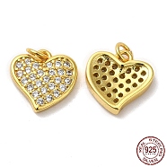925 Sterling Silver Micro Pave Cubic Zirconia Charms, Asymmetrical Heart Charm, with Jump Ring, Real 18K Gold Plated, 10x10x2mm, Hole: 2.3mm(STER-I010-17G)