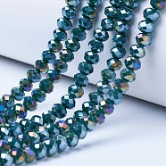 Electroplate Glass Beads Strands, Opaque Solid Color, AB Color Plated, Faceted, Rondelle, Teal, 8x6mm, Hole: 1mm, about 63~65pcs/strand, 39~40cm(EGLA-A034-P8mm-B10)