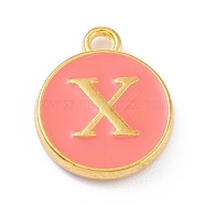 Golden Plated Alloy Enamel Charms, Enamelled Sequins, Flat Round with Alphabet, Letter.X, Hot Pink, 14x12x2mm, Hole: 1.5mm(X-ENAM-Q437-11X)