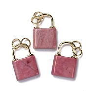 Natural Rhodonite Pendants, with Golden Brass Findings and Jump Rings, Cadmium Free & Lead Free, Lock, 27x18x5.5mm, Hole: 6mm(G-P453-01G-I-RS)