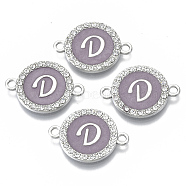 Alloy Enamel Links Connectors, with Crystal Rhinestones, Flat Round with Letter, Silver Color Plated, Letter.D, 22x16x2mm, Hole: 1.8mm(ENAM-TAC0003-01S-01D)
