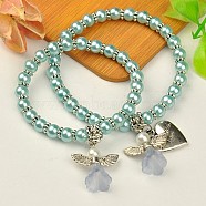 Lovely Wedding Dress Angel Jewelry Sets for Mother and Daughter, Stretch Bracelets, with Glass Pearl Beads and Tibetan Style Beads, Cyan, 45mm and 55mm inner diameter(BJEW-JB00728-02)