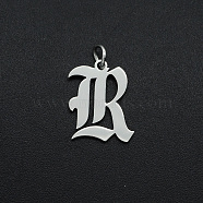 304 Stainless Steel Pendants, with Jump Ring, Old English, Letter, Laser Cut, Stainless Steel Color, Letter.R, 16x13x1mm, Hole: 3mm(STAS-R111-JA565-R)