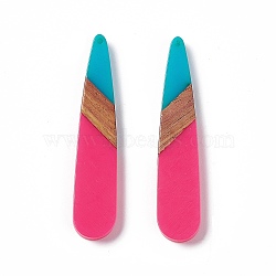 Opaque Resin & Walnut Wood Big Pendants, Teardrop Charms, Deep Pink, 53.5x11x3.5mm, Hole: 1.4mm(RESI-M027-05A)