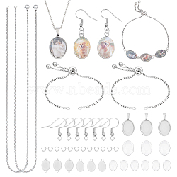 DIY Oval Blank Dome Jewelry Set Making Kit, Including Glass Cabochons, 304 Stainless Steel Pendant Cabochons Settings & Earring Hooks & Slider Bracelet Making & Chain Necklace, Stainless Steel Color, 70pcs/box(DIY-UN0050-26)