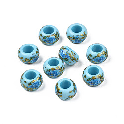 Flower Printed Opaque Acrylic Rondelle Beads, Large Hole Beads, Sky Blue, 15x9mm, Hole: 7mm(SACR-S305-27-E02)