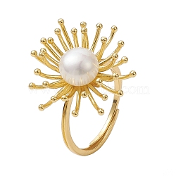 Round Natural Pearl Adjustable Rings, Sun Sterling Silver Finger Rings for Women, Real 18K Gold Plated, Inner Diameter: 17mm(RJEW-P113-07G)