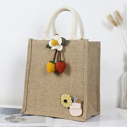 Jute Tote Bags Soft Cotton Handles Laminated Interior, with Cloth Flower Decoration and Handles, for Embroidery DIY Art Crafts, Reusable Grocery Bag Shopping Tote Bag, Dark Khaki, 35cm, 23x21x15.5cm, Fold: 23x21x1.3cm(ABAG-F003-06)