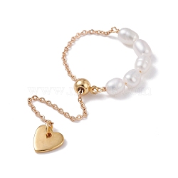 Infinity Heart Love Dangle Slider Finger Ring for Girl Women, Natural Pearl Beads Ring, Golden, Inner Diameter: 7~26mm(RJEW-TA00015)