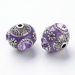 Handmade Indonesia Round Beads, with Glass Cabochons and Antique Silver Metal Color Double Alloy Cores, Purple, 14~15x15~16mm, Hole: 2mm(IPDL-R400-11)
