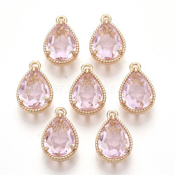 Transparent Glass Pendants, with Golden Tone Brass Findings, Faceted, Teardrop, Pearl Pink, 19x12x8.5mm, Hole: 1.5mm(GLAA-R212-11C)