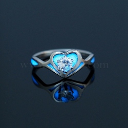 Glow in the Dark Luminous Stainless Steel Open Cuff Ring, Cubic Zirconia Heart Ring, Stainless Steel Color, Inner Diameter: 18mm(PW-WG81817-01)