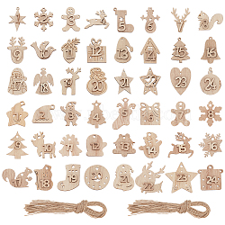 2 Sets 2 Styles Christmas Advent Calendar Number Wooden Numbers Pendant Decorations, Wooden Number 1-24 Christmas Craft, for Christmas Tree Decoration, with Jute Rope, Rope: 1mm, Pendants: 31.5~45x30~43.5x5.5mm, Hole: 2mm, 1 set/style(AJEW-NB0005-40)