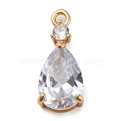 Golden Brass Micro Pave Cubic Zirconia Pendants, with Glass, Teardrop Charms, Clear, 19.5x13x5mm, Hole: 1.5mm(KK-K350-01G-02)