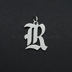 304 Stainless Steel Pendants, with Jump Ring, Old English, Letter, Laser Cut, Stainless Steel Color, Letter.R, 16x13x1mm, Hole: 3mm(STAS-R111-JA565-R)