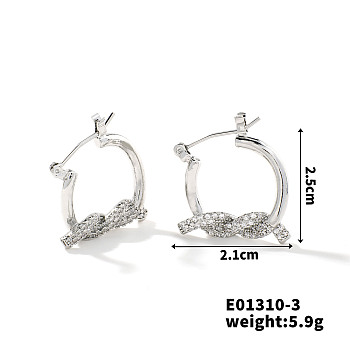 Chic Twisted Doughnut Design Copper Hoop Earrings, with Zirconia, Fashionable Women's Accessories, Platinum, 25x21mm