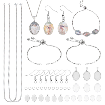 DIY Oval Blank Dome Jewelry Set Making Kit, Including Glass Cabochons, 304 Stainless Steel Pendant Cabochons Settings & Earring Hooks & Slider Bracelet Making & Chain Necklace, Stainless Steel Color, 70pcs/box