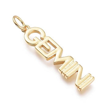 Brass Pendants, with Jump Rings, Long-Lasting Plated, Constellation/Zodiac Sign, Word, Gemini, 30x7x2mm, Hole: 4.5mm